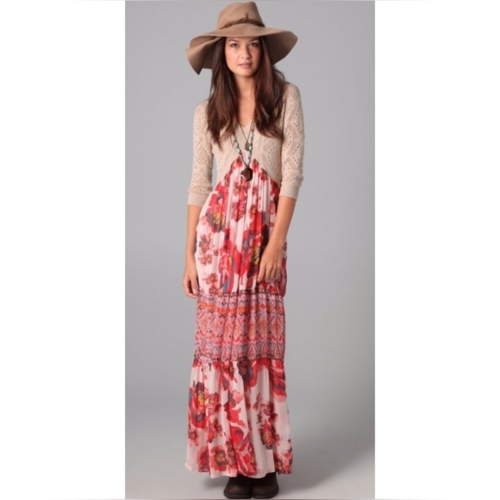 Free People Ethnic Rose Floral Cable Knit Maxi Dress XS Bohemian Rose Ikat
